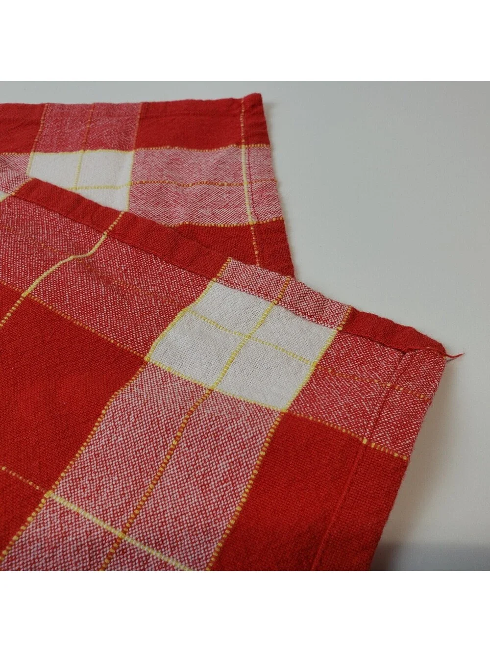 Set of 4 Napkins Cotton Blend Red Buffalo Checked  Yellow Ticking Stripe Picnic